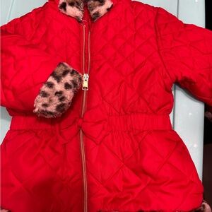 Chic Red Quilted Kids Pea Coat with Leopard Accents